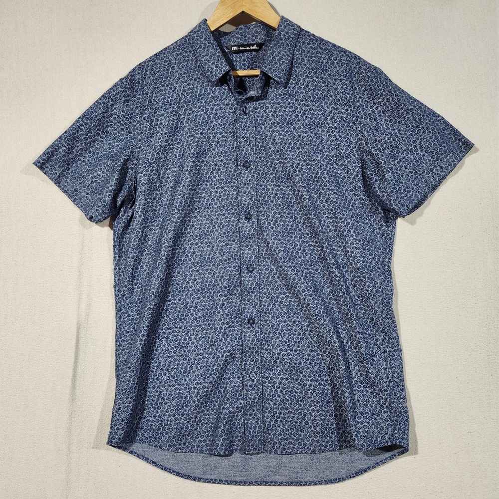 TravisMathew Mens Blue Micro Floral Short Sleeve Button Down Shirt Large Modern